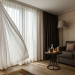 Sparkle Hotel Teras Suit oturma alanında geniş pencereler, uçuşan tüller, modern koltuk ve gün ışığı ile aydınlanan ferah yaşam alanı.