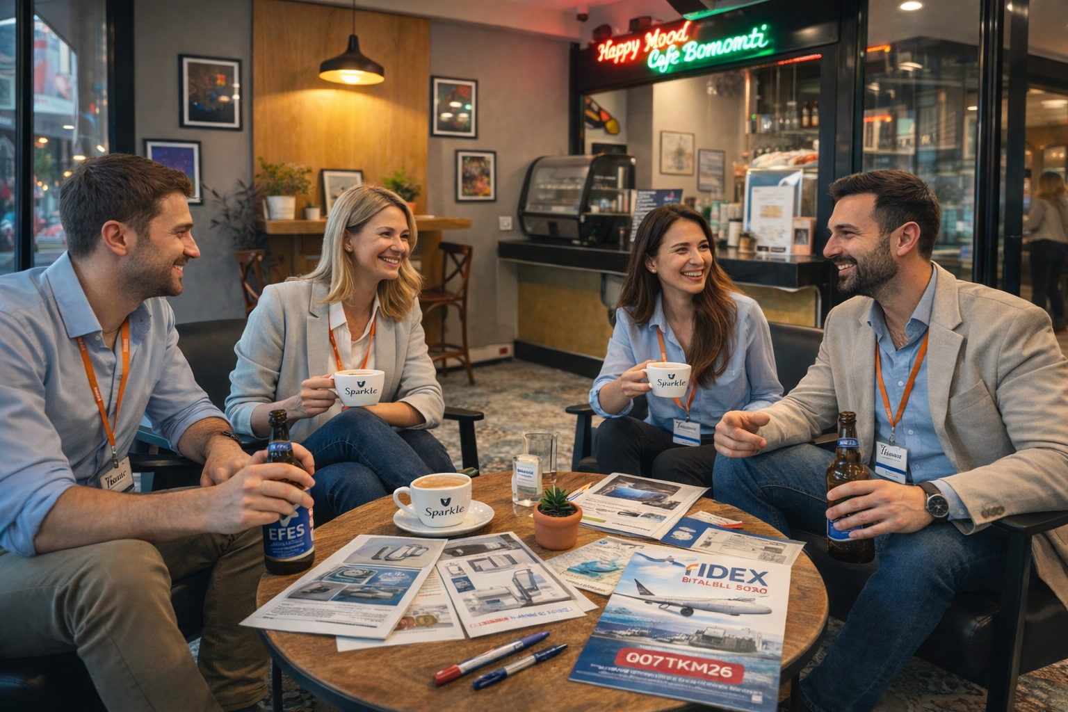 IDEX İstanbul 2026 fuar katılımcıları Happy Mood Cafe’de kahve içip sohbet ederken, Şişli Sparkle Hotel cafe alanı