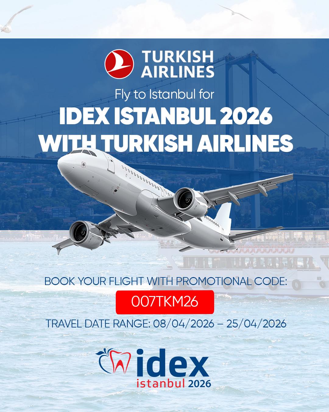 Türk Hava Yolları IDEX İstanbul 2026 uçuş kampanyası görseli, İstanbul fuar katılımcıları için indirimli uçak bileti
